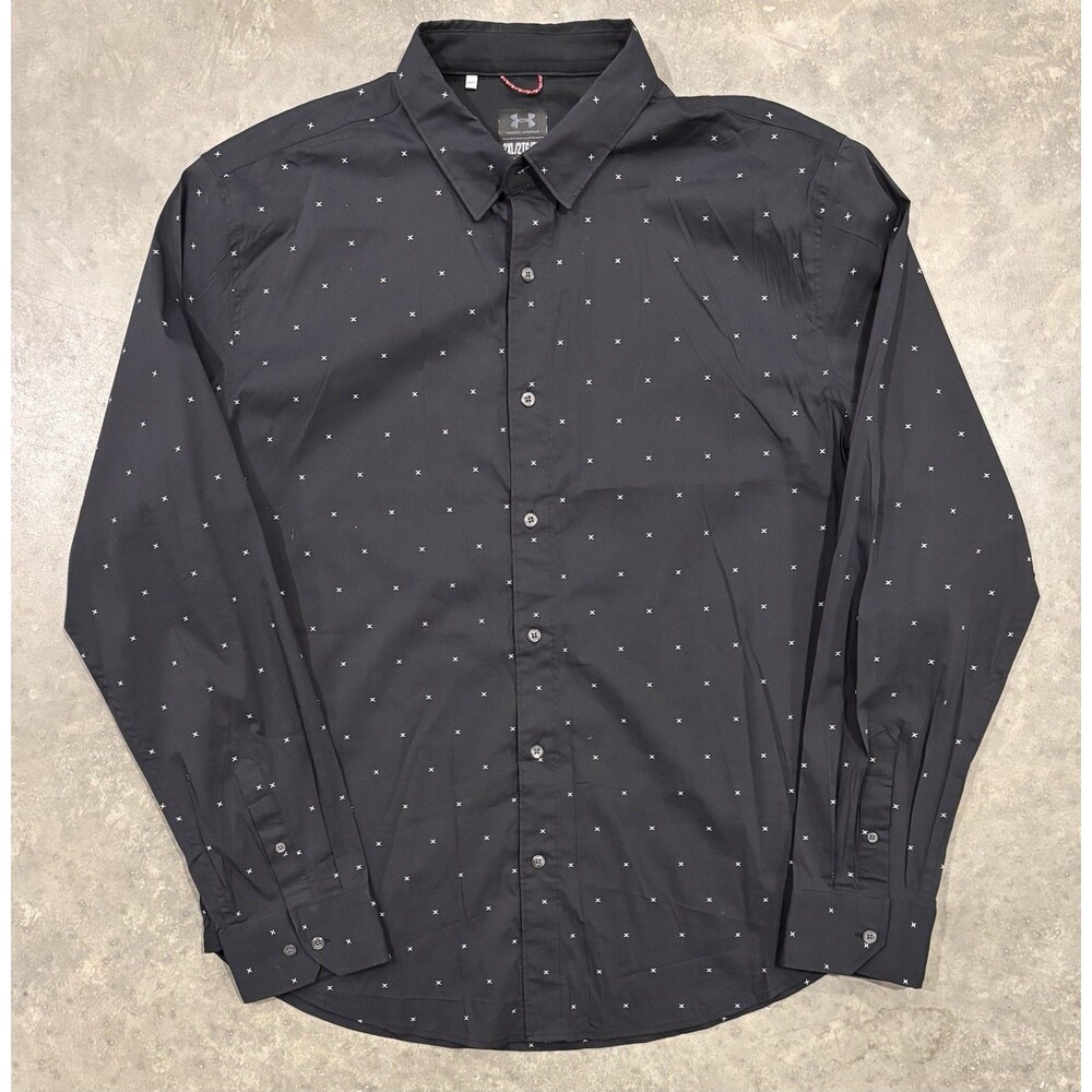 Under Armour HeatGear Men 2XL Button Up Shirt Long Sleeve Black White Stars EUC